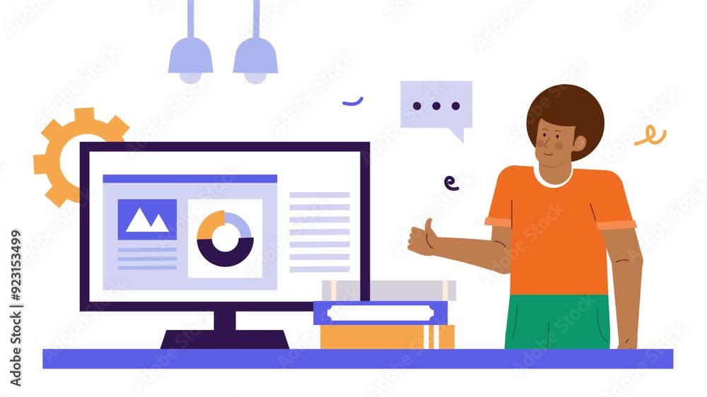 a worker showing business growth graphic on computer screen illustration animated video a worker showing business growth graphic on computer screen illustration animated video