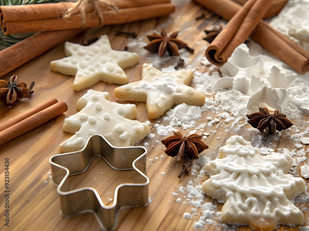 Cookie Cutter Christmas background with gingerbread cookies, lights and decorations on a wooden table Cookie Cutter Christmas background with gingerbread cookies, lights and decorations on a wooden table