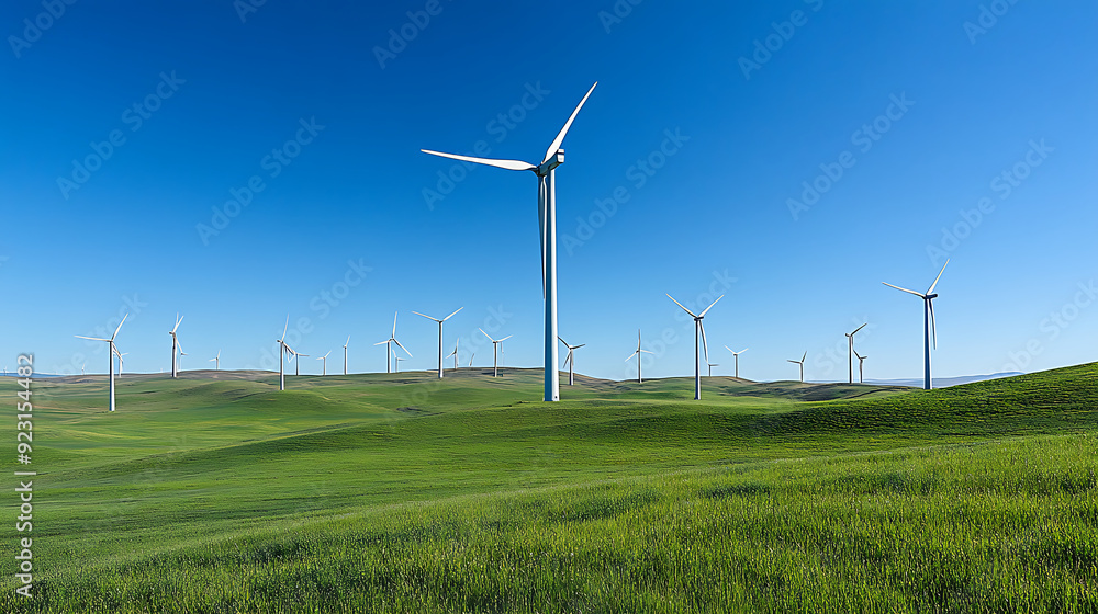 A vast wind farm with tall wind turbines spinning against a clear blue sky, set in a green, rolling landscape. Generative AI illustration A vast wind farm with tall wind turbines spinning against a clear blue sky, set in a green, rolling landscape. Generative AI illustration