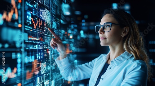 Professional woman analyzing data on a digital interface, showcasing technology and innovation in a modern workspace.