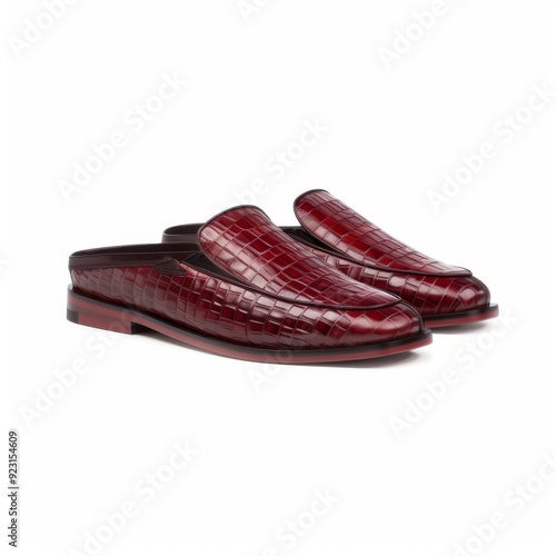 Elegant Burgundy Crocodile Pattern Loafers on White Background - Men's Fashion Slip-ons Footwear photo