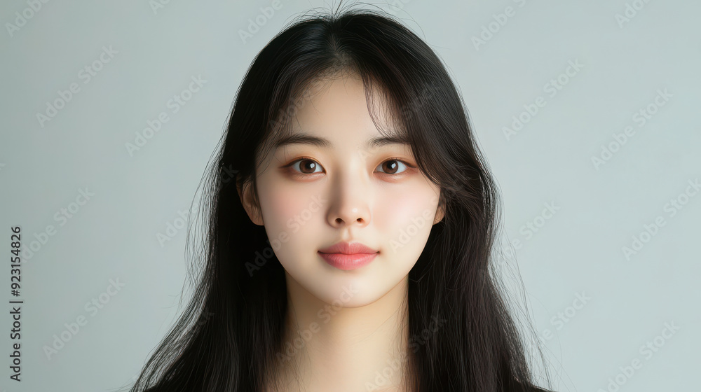 Portrait of a 20-year-old Korean woman with a round face, natural beauty, and clear skin. She has a Portrait of a 20-year-old Korean woman with a round face, natural beauty, and clear skin. She has a