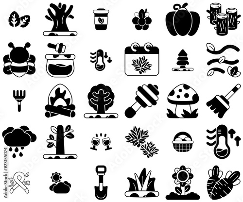 A Collection Of Autumn Vector Symbols Apps, Websites Ui Designs Suitable For Season,Food,Tree,Eat,Autumn Solid Icon Collection. Vector Illustration