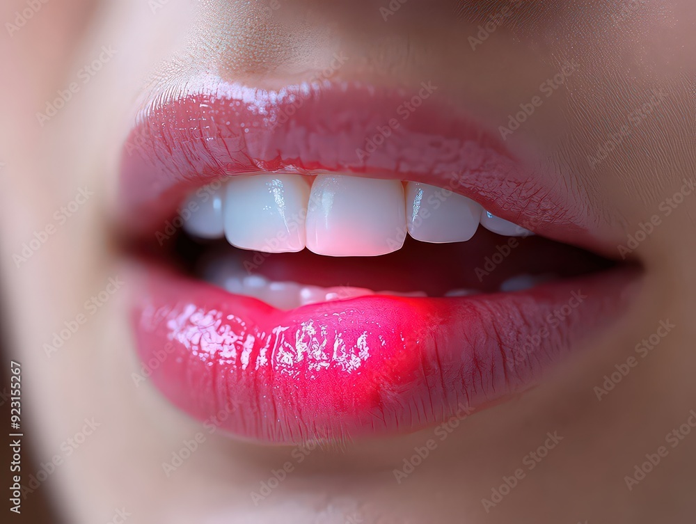 Fototapeta premium Close-up of lips with a visible cold sore, indicating a herpes outbreak.