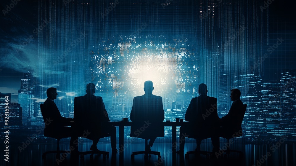 Silhouetted figures in a business meeting with a futuristic city backdrop, symbolizing teamwork and innovation in a digital era. Silhouetted figures in a business meeting with a futuristic city backdrop, symbolizing teamwork and innovation in a digital era.