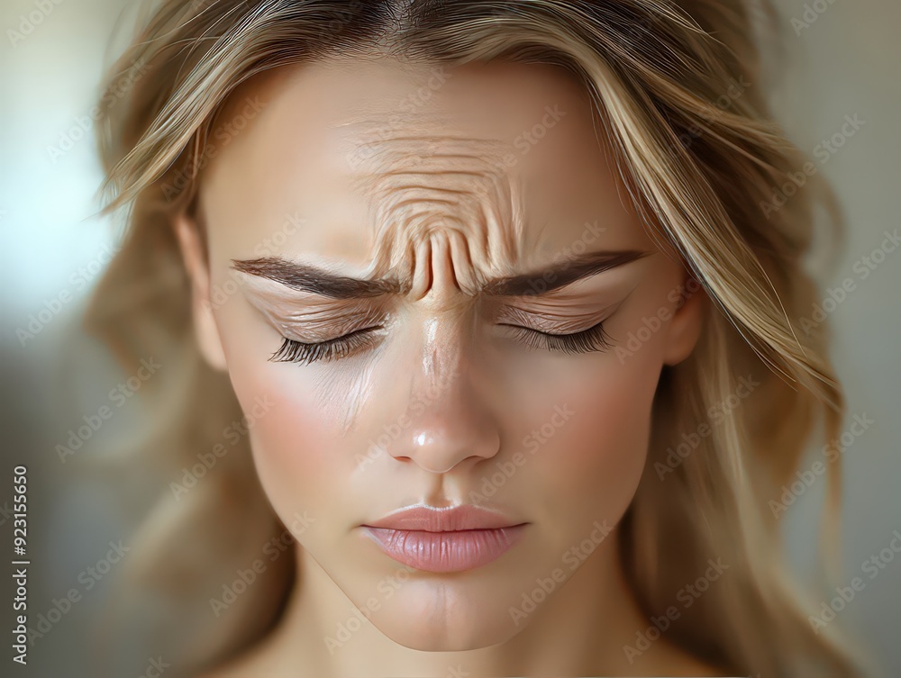 Fototapeta premium Woman frowning, showing deep forehead wrinkles with a concerned expression.