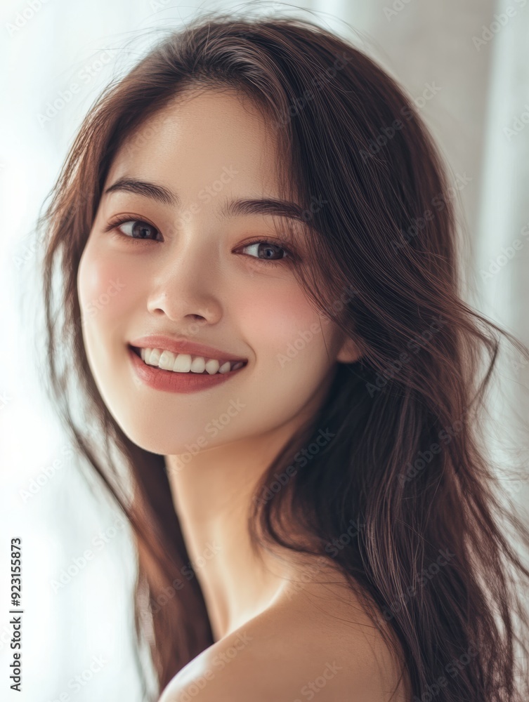 Alluring Asian girl in a poised stance, smiling at the camera, her fresh makeup and flawless skin beautifully framed by a billowing white curtain. Alluring Asian girl in a poised stance, smiling at the camera, her fresh makeup and flawless skin beautifully framed by a billowing white curtain.