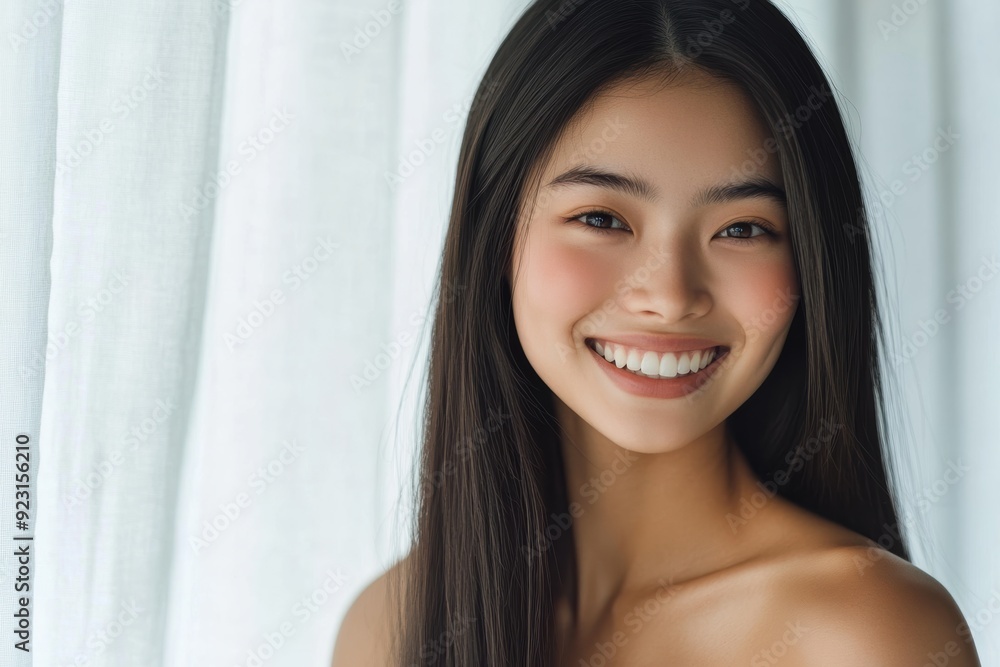 Alluring Asian girl in a poised stance, smiling at the camera, her fresh makeup and flawless skin beautifully framed by a billowing white curtain. Alluring Asian girl in a poised stance, smiling at the camera, her fresh makeup and flawless skin beautifully framed by a billowing white curtain.