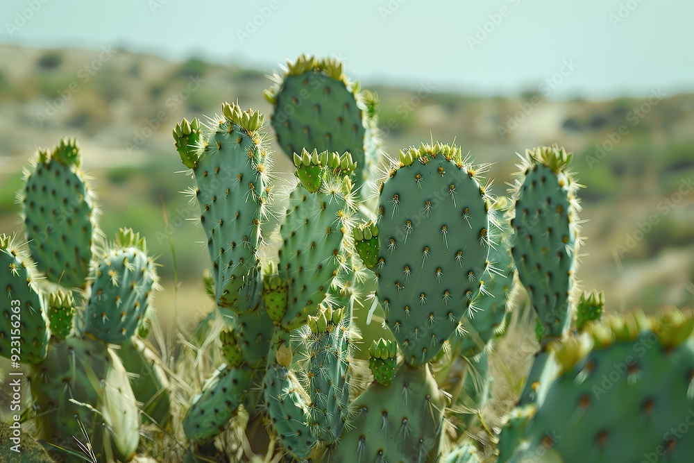 A close up of cacti with long, green spines and broad leaves in an arid environment A close up of cacti with long, green spines and broad leaves in an arid environment