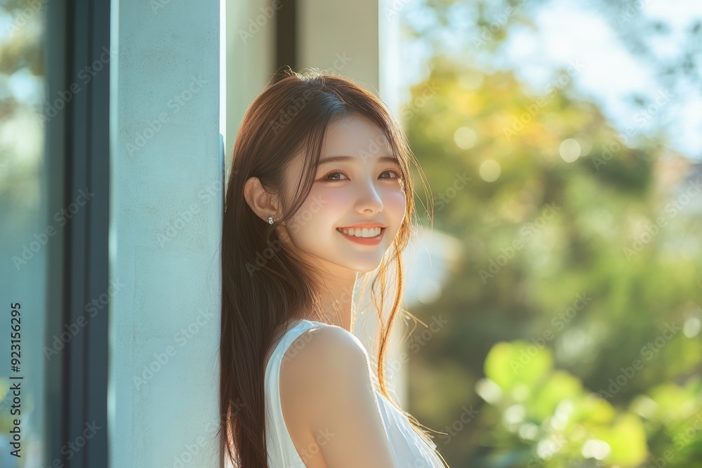 Alluring Asian girl in a poised stance, smiling at the camera, her fresh makeup and flawless skin beautifully framed by a billowing white curtain. Alluring Asian girl in a poised stance, smiling at the camera, her fresh makeup and flawless skin beautifully framed by a billowing white curtain.