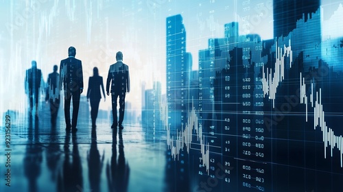 Silhouettes of business people against a data-driven cityscape, symbolizing corporate growth and financial success.