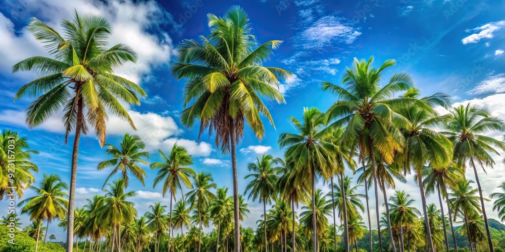Serene tropical landscape featuring a cluster of slender lush green palm trees swaying gently in the breeze against a bright blue cloudless sky. Serene tropical landscape featuring a cluster of slender lush green palm trees swaying gently in the breeze against a bright blue cloudless sky.