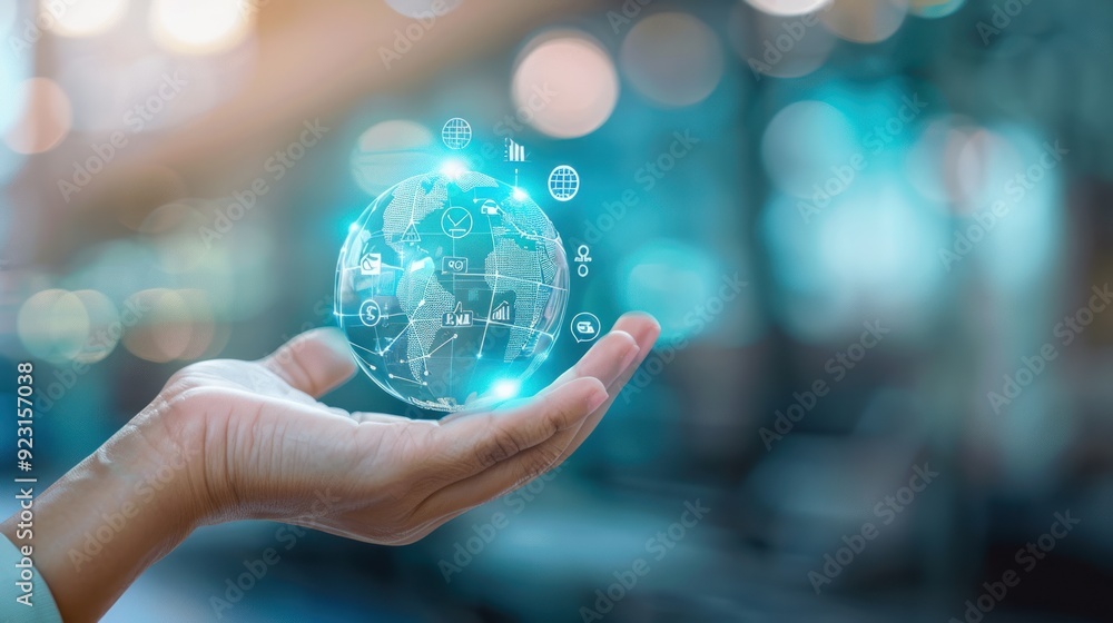 A Hand holding small digital globe with financial icon concept. Global financial investment symbol. A Hand holding small digital globe with financial icon concept. Global financial investment symbol.