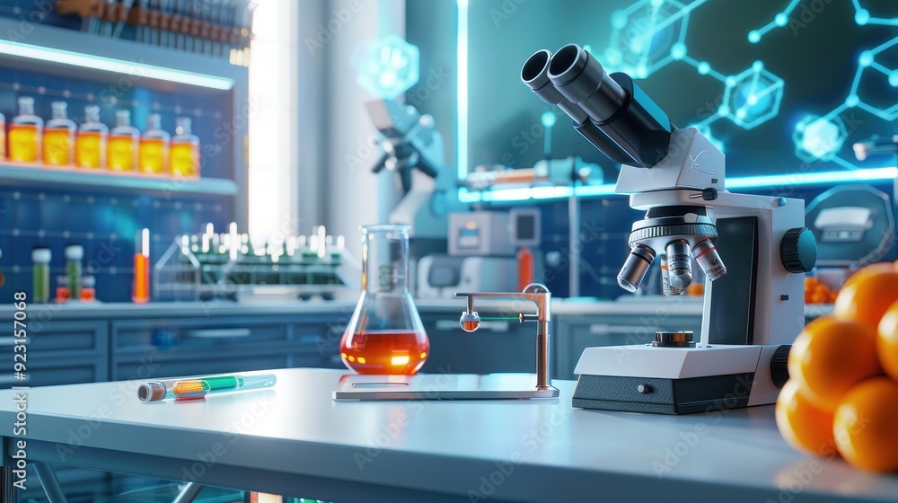 Modern science laboratory with microscope, beaker, and various equipment for research and experiments. Clean, bright, and organized workspace. Modern science laboratory with microscope, beaker, and various equipment for research and experiments. Clean, bright, and organized workspace.