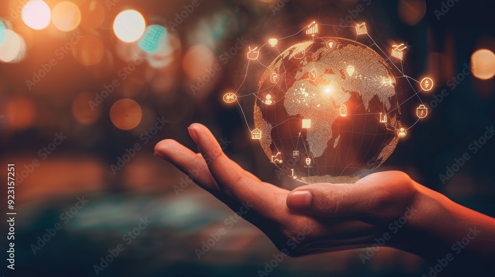 Fototapeta premium A Hand holding small digital globe with financial icon concept. Global financial investment symbol.