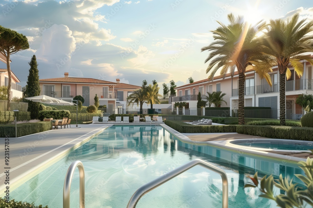 Fototapeta premium Exterior view of an expensive luxury Mediterranean villa with private swimming pool and terrace in modern design, Vacation home for big family.