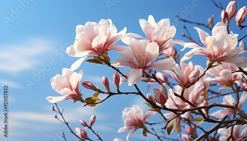 A blooming magnolia flower against a blue sky photo