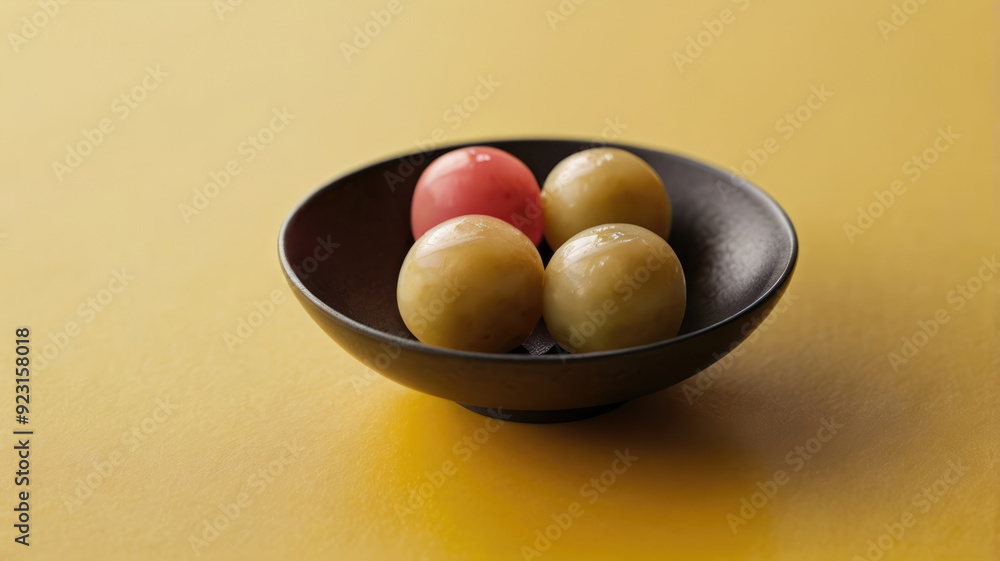 Colorful macadamia nuts in black bowl on yellow background. Colorful macadamia nuts in black bowl on yellow background.