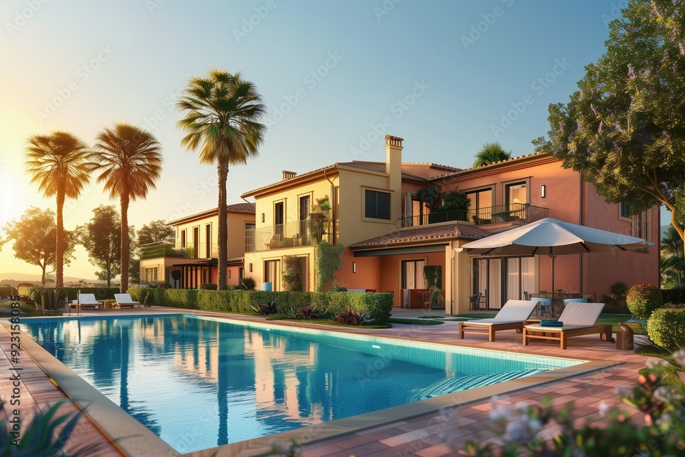 Fototapeta premium Exterior view of an expensive luxury Mediterranean villa with private swimming pool and terrace in modern design, Vacation home for big family.