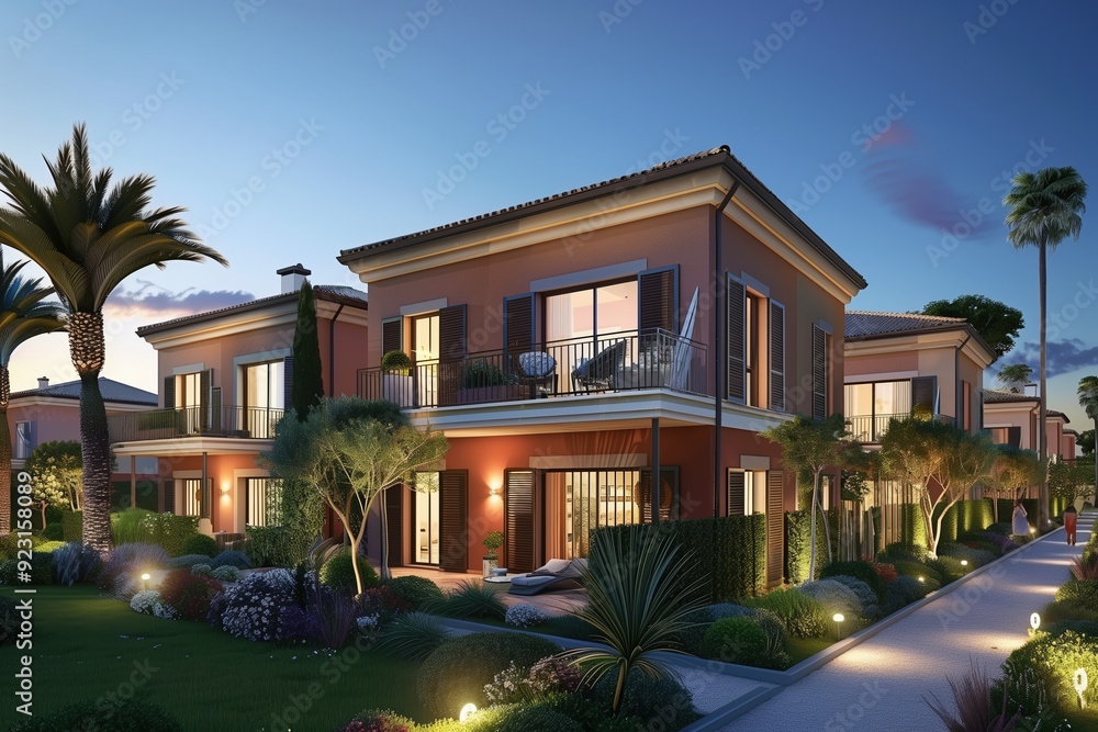 Fototapeta premium Exterior view of an expensive luxury Mediterranean villa with private swimming pool and terrace in modern design, Vacation home for big family.