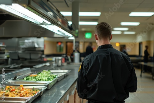 A public health inspector inspecting a school cafeteria for cleanliness and food safety, Generative AI