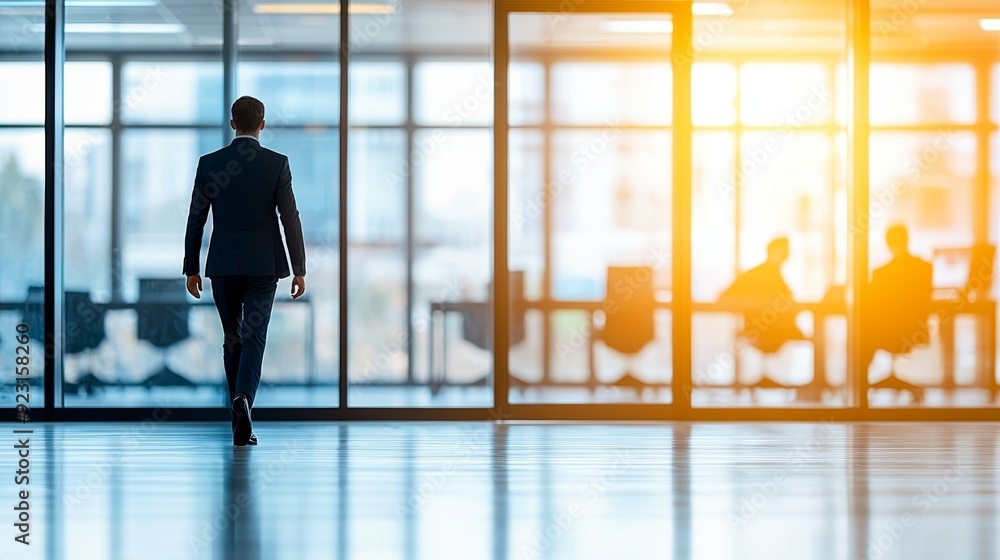 Silhouette of a businessman walking away in a modern office, highlighting professionalism and teamwork in a corporate environment. Silhouette of a businessman walking away in a modern office, highlighting professionalism and teamwork in a corporate environment.