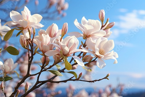 A blooming magnolia flower against a blue sky photo