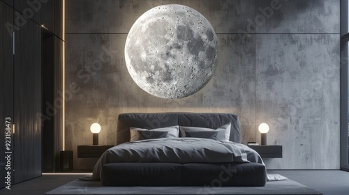 A bed in a bedroom with a moon lamp in the background.