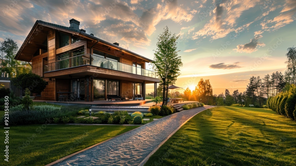 A large, beautiful, modern house covered with grass, with a beautiful surrounding atmosphere. A large, beautiful, modern house covered with grass, with a beautiful surrounding atmosphere.