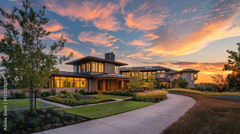 A large, beautiful, modern house covered with grass, with a beautiful surrounding atmosphere. A large, beautiful, modern house covered with grass, with a beautiful surrounding atmosphere.