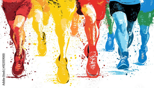 abstract watercolor background, showing their feet in large numbers while running.