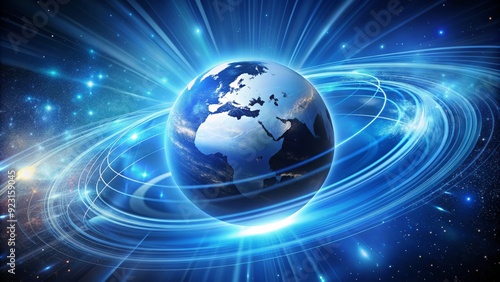 Vibrant blue globe spinning swiftly on its axis, surrounded by glowing stars and wispy cloud formations, symbolizing dynamic change and global connection in motion.