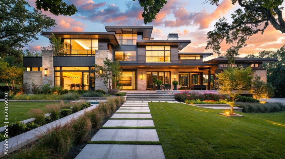 Obraz premium A large, beautiful, modern house covered with grass, with a beautiful surrounding atmosphere.