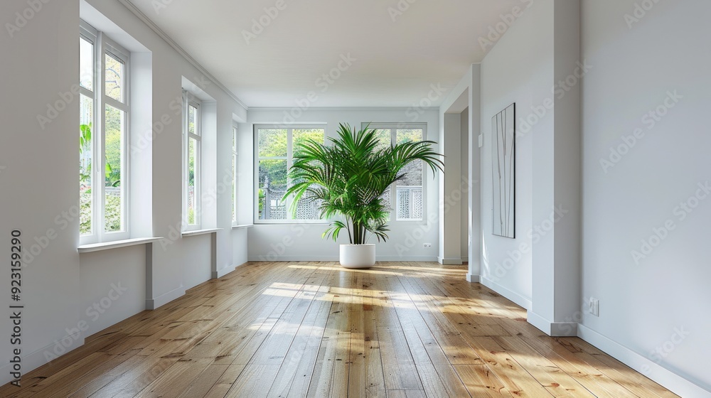A small living room with white walls, hardwood and a small potted plant. Morning sunlight shines in. A small living room with white walls, hardwood and a small potted plant. Morning sunlight shines in.