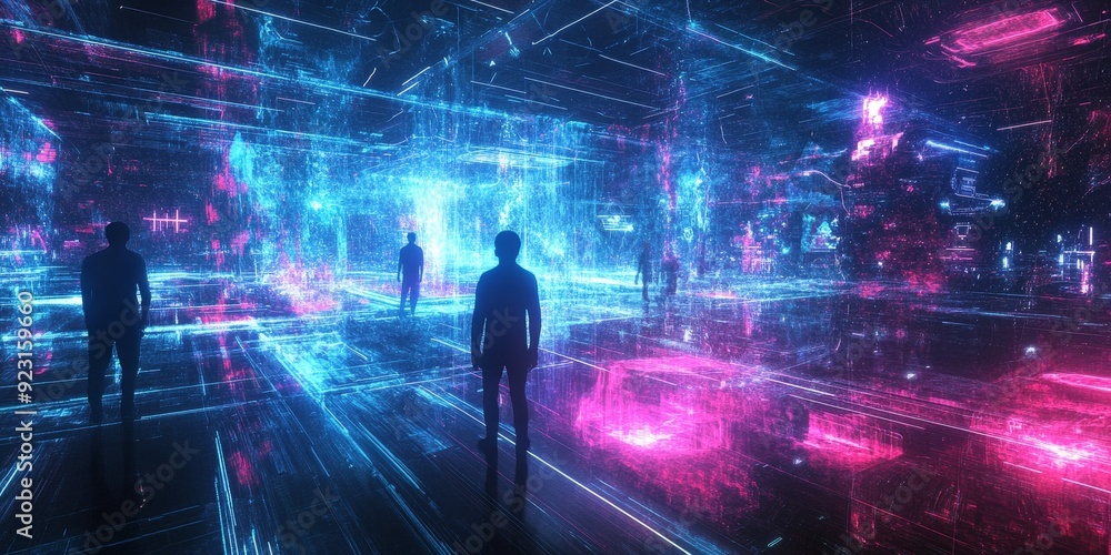 A mesmerizing virtual reality scene where individuals are immersed in a digital landscape, exploring a vivid, augmented reality world filled with sci-fi elements A mesmerizing virtual reality scene where individuals are immersed in a digital landscape, exploring a vivid, augmented reality world filled with sci-fi elements