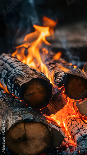 Close-up view of burning firewood in a fireplace