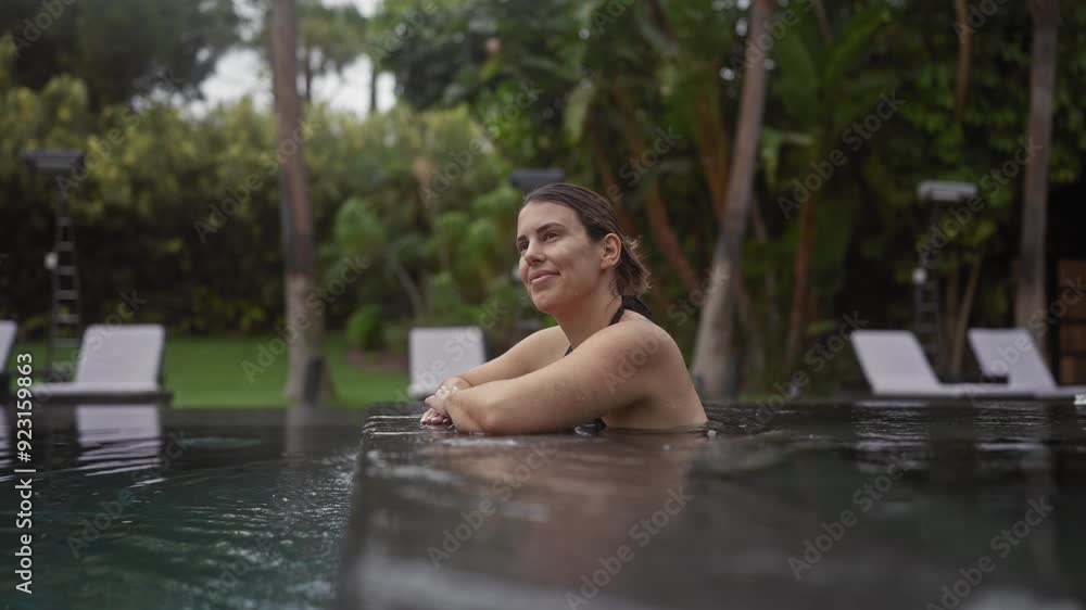 Tranquil young woman relaxing alone in an outdoor infinity pool at a tropical bali resort, surrounded by lush greenery. Tranquil young woman relaxing alone in an outdoor infinity pool at a tropical bali resort, surrounded by lush greenery.