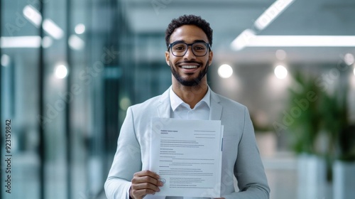 An applicant in professional attire holds a resume detailing job roles, exuding confidence with a strong expression. 