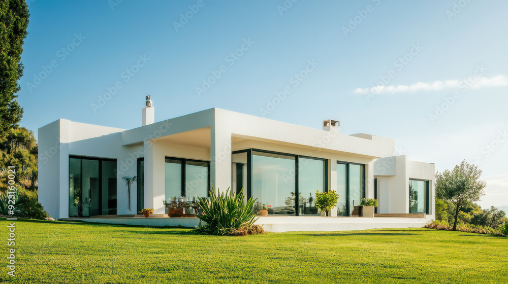 Sleek and modern Spanish home with large white plastic windows, clean architectural lines, neutral wall tones, surrounded by vibrant green landscape, under a clear Mediterranean sky. Sleek and modern Spanish home with large white plastic windows, clean architectural lines, neutral wall tones, surrounded by vibrant green landscape, under a clear Mediterranean sky.