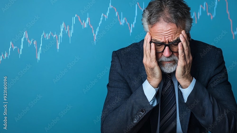 Stressed businessman with glasses holding his head, facing challenges in finance and business, captured against a graph background. Stressed businessman with glasses holding his head, facing challenges in finance and business, captured against a graph background.