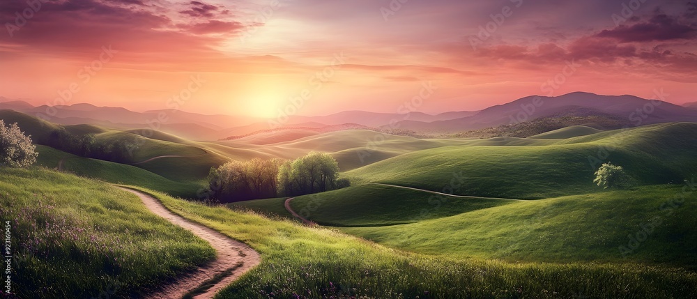 Serene landscape of rolling hills and winding paths illuminated by the soft glow of the setting sun radiating a sense of tranquility and esoteric wisdom ethereal and dreamlike in appearance Serene landscape of rolling hills and winding paths illuminated by the soft glow of the setting sun radiating a sense of tranquility and esoteric wisdom ethereal and dreamlike in appearance