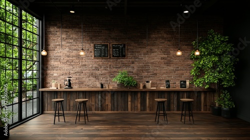 Stylish coffee shop interior featuring a wooden counter, stools, plants, and brick walls, ideal for modern cafe settings.