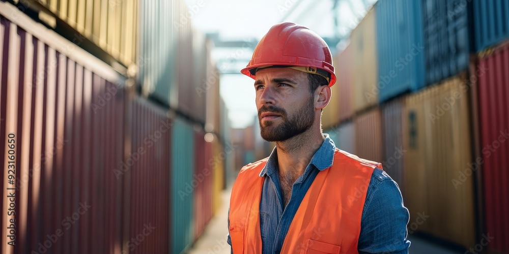 Construction worker in a busy shipping yard with stacked containers, sunny day Construction worker in a busy shipping yard with stacked containers, sunny day