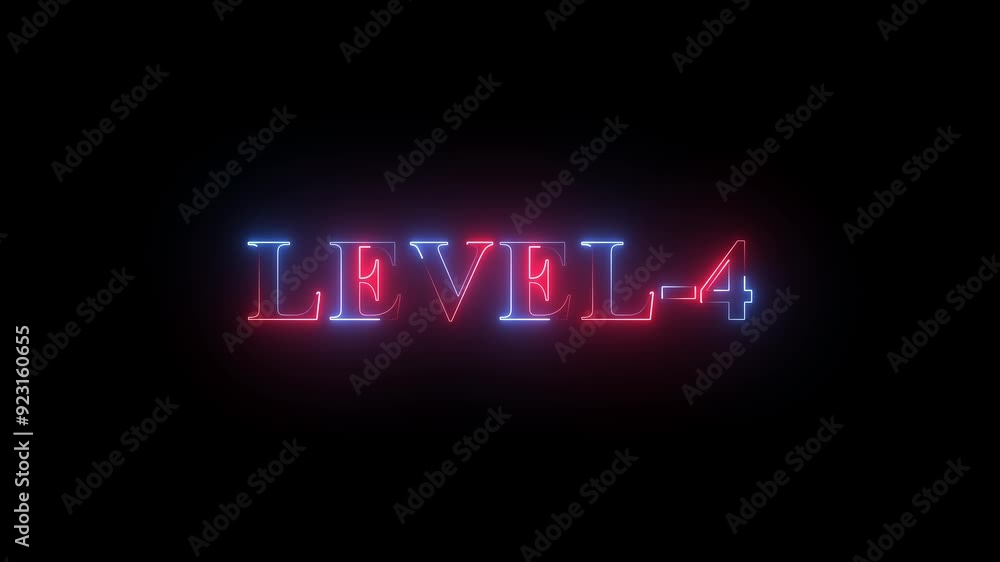 Level -4 text font with neon light. Luminous and shimmering haze inside the letters of the text Level-1. Level -4 text font with neon light. Luminous and shimmering haze inside the letters of the text Level-1.