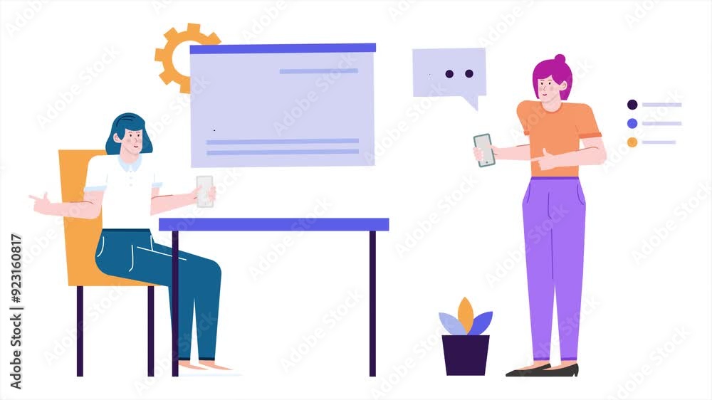 colleagues discussing data presented on a screen featuring colorful charts and bright office room illustration business animated video colleagues discussing data presented on a screen featuring colorful charts and bright office room illustration business animated video