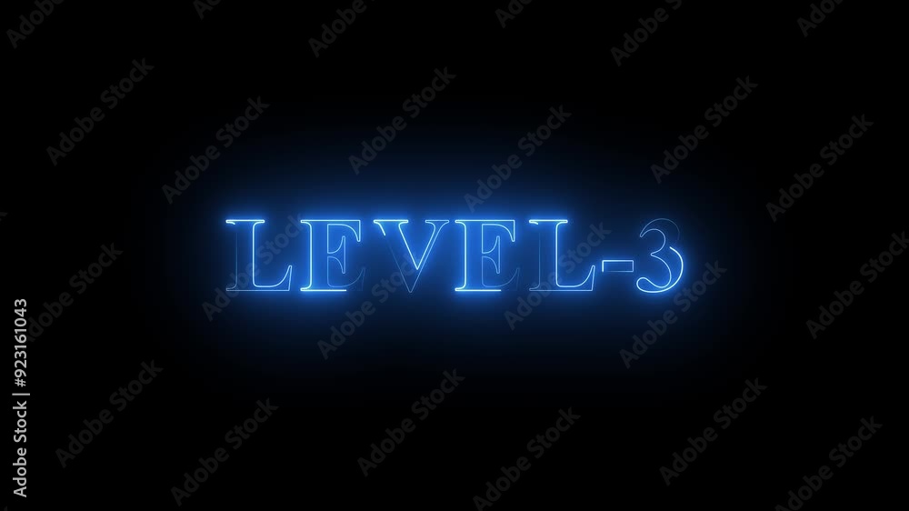 Level -3 text font with neon light. Luminous and shimmering haze inside the letters of the text Level-1. Level -3 text font with neon light. Luminous and shimmering haze inside the letters of the text Level-1.