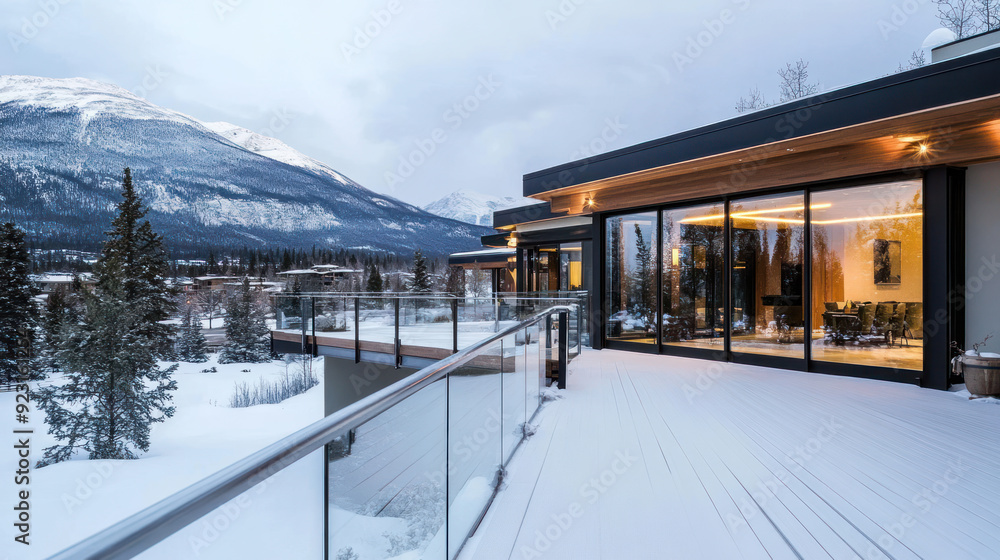 Fototapeta premium Modern cozy house with deck and stainless steel rails by snowy mount