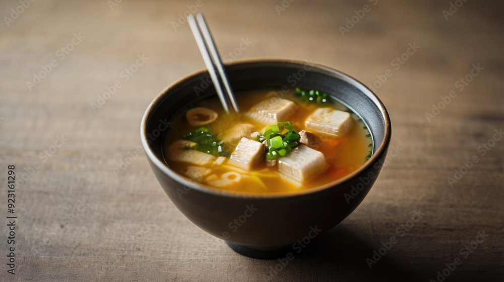 Japanese miso soup in a bowl with chopsticks on wooden background Japanese miso soup in a bowl with chopsticks on wooden background