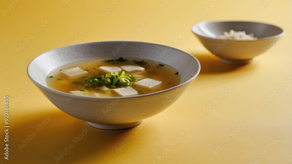 A bowl of miso soup with tofu and parsley on a yellow background A bowl of miso soup with tofu and parsley on a yellow background
