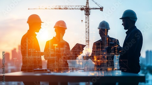 Team of engineers collaborating on a construction project, discussing plans and strategies against a sunset backdrop.